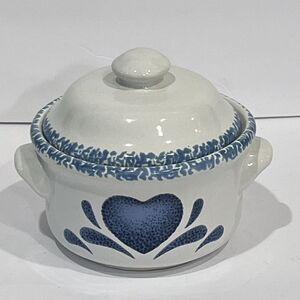 Vintage Spongeware Heart Blue White Stoneware Lid 4" x 6" Cottage Country Granny
